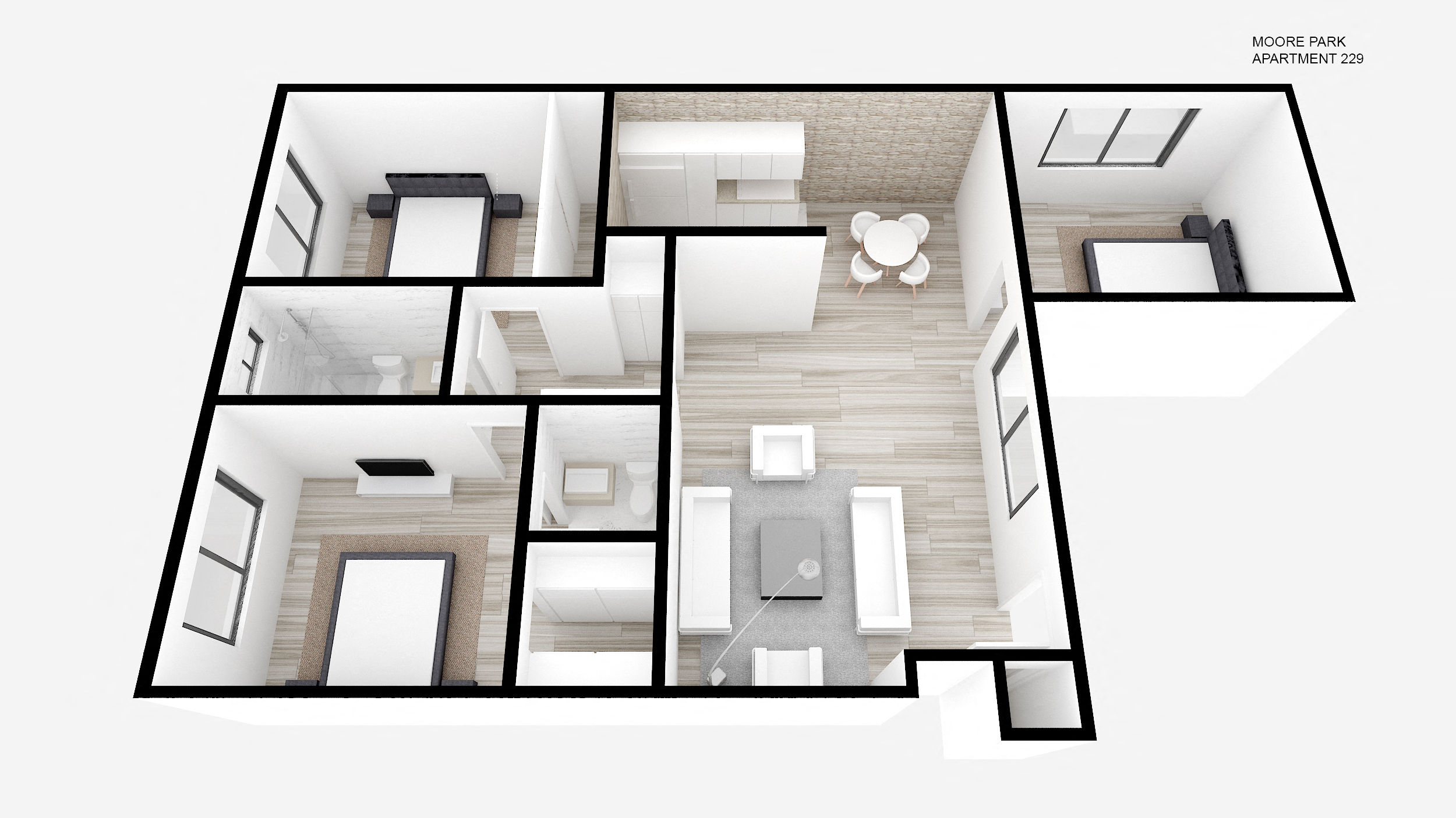 Floor plan for 3 beds, 2 baths, 1075 sqft